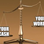 Scales of Findom | YOUR
WORDS; YOUR
CASH | image tagged in scales,memes | made w/ Imgflip meme maker