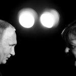Vladimir Putin and Angela Merkel black & white