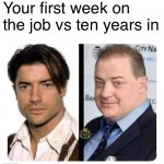 Your first week on the job vs | Your first week on the job vs ten years in | image tagged in one week vs | made w/ Imgflip meme maker