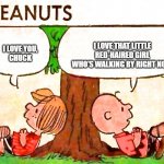 A normal day in the peanuts world | I LOVE YOU,
CHUCK I LOVE THAT LITTLE RED-HAIRED GIRL WHO'S WALKING BY RIGHT NOW | image tagged in peanuts charlie brown peppermint patty | made w/ Imgflip meme maker