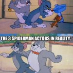 Seriously stop pitting them against each other | THE 3 SPIDERMAN ACTORS ACCORDING TO FANS; THE 3 SPIDERMAN ACTORS IN REALITY | image tagged in tom and jerry and spike,spiderman,fighting | made w/ Imgflip meme maker