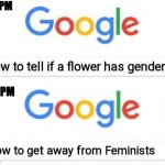 No title for today | How to tell if a flower has gender; How to get away from Feminists | image tagged in 8 32 pm - 8 43 pm | made w/ Imgflip meme maker