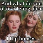 Dorothy Flip | And what do you do for a living, dear? I flip houses. | image tagged in dorothy wizard of oz good witch,memes | made w/ Imgflip meme maker