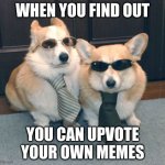 Corgis in suits | WHEN YOU FIND OUT; YOU CAN UPVOTE YOUR OWN MEMES | image tagged in corgis in suits | made w/ Imgflip meme maker