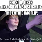 In imgflip’s defence, Tiktok is really cringy | PERSON: LIKES TIKTOK EVER SO SLIGHTLY; THE ENTIRE IMGFLIP: | image tagged in you have forfeited life privileges,imgflip,tik tok | made w/ Imgflip meme maker
