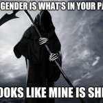 Death | AH SO GENDER IS WHAT'S IN YOUR PANTS? LOOKS LIKE MINE IS SHIT | image tagged in death | made w/ Imgflip meme maker