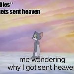 I bet GOD didn't knew about my discord chats. | **Dies**; Gets sent heaven; me wondering why I got sent heaven | image tagged in tom in heaven,wondering,memes,funny | made w/ Imgflip meme maker