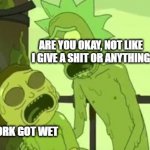 I'm Toxic Rick | ARE YOU OKAY, NOT LIKE I GIVE A SHIT OR ANYTHING; MATH HOMEWORK GOT WET | image tagged in toxic rick and morty,rick and morty | made w/ Imgflip meme maker