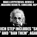 Scientific method | MAKE A HYPOTHESIS. DEVISE A TEST. MEASURE RESULTS. CONCLUDE. REPEAT. WHICH STEP INCLUDES "SHUT UP" AND "BAN THEM", AGAIN? | image tagged in memes,albert einstein 1 | made w/ Imgflip meme maker