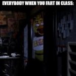 Chica Looking In Window FNAF | NOBODY :
EVERYBODY WHEN YOU FART IN CLASS: | image tagged in chica looking in window fnaf | made w/ Imgflip meme maker