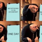 Grus plan is about Dailymotion | MEOWTHFANS 
IS ON
DEVIANTART; DAILYMOTION CONTINUES; IPAD IS DISABLED; ONE DAY | image tagged in grus plan,meowthfans | made w/ Imgflip meme maker