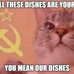 When its time to clean dishes... | ALL THESE DISHES ARE YOURS YOU MEAN OUR DISHES | image tagged in communist cat | made w/ Imgflip meme maker