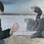 beach guy kneeling on the meme