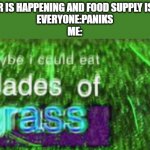 grass | A WAR IS HAPPENING AND FOOD SUPPLY IS LOW
EVERYONE:PANIKS
ME: | image tagged in maybe i could eat blades of grass | made w/ Imgflip meme maker