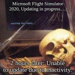 WHYYYYY | Microsoft Flight Simulator 2020, Updating in progress..... 2 hours later: Unable to update due to inactivity. | image tagged in waiting skull | made w/ Imgflip meme maker