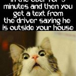 I'm gonna die, right? | You have been in the Uber for 5 minutes and then you get a text from the driver saying he 
is outside your house; Oh no | image tagged in memes,scared cat,uber,driver,you're not just wrong your stupid | made w/ Imgflip meme maker