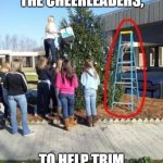 How a cheerleader decorates a tree. | WHEN THEY ASK THE CHEERLEADERS, TO HELP TRIM THE CHRISTMAS TREE | image tagged in trimming the tree,cheerleader decorating 101 | made w/ Imgflip meme maker