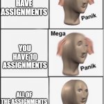 Mega Panik | YOU HAVE ASSIGNMENTS; YOU HAVE 10 ASSIGNMENTS; ALL OF THE ASSIGNMENTS ARE EASY | image tagged in mega panik | made w/ Imgflip meme maker