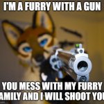 Don't mess with the furries | I'M A FURRY WITH A GUN; YOU MESS WITH MY FURRY FAMILY AND I WILL SHOOT YOU. | image tagged in furry with gun | made w/ Imgflip meme maker