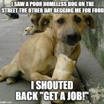 poor dog | I SAW A POOR HOMELESS DOG ON THE STREET THE OTHER DAY BEGGING ME FOR FOOD; I SHOUTED BACK "GET A JOB!" | image tagged in poor dog | made w/ Imgflip meme maker