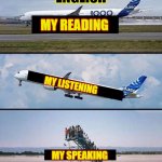 Plane | ENGLISH; MY READING; MY LISTENING; MY SPEAKING | image tagged in plane | made w/ Imgflip meme maker