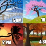 Welcome to North Carolina. Make sure to dress appropriately. | 10 AM; 6 AM; 4:30ISH; 2 PM | image tagged in winter spring summer fall,four seasons,one day,north carolina | made w/ Imgflip meme maker