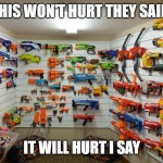 Nerf Arsenal | THIS WON'T HURT THEY SAID; IT WILL HURT I SAY | image tagged in nerf arsenal | made w/ Imgflip meme maker