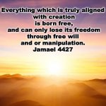 Born free | Everything which is truly aligned
 with creation
 is born free,
 and can only lose its freedom
 through free will 
and or manipulation.
Jamael 4427 | image tagged in born free | made w/ Imgflip meme maker