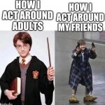 facts tho | HOW I ACT AROUND MY FRIENDS; HOW I ACT AROUND ADULTS | image tagged in harry crazy harry | made w/ Imgflip meme maker