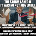 the storm | THE STORM ASKED IF IT WAS NO NUT MOVEMBER; TRUMP SAID "NO. IT IS NOT NUT FOREVER" AND SO THE HEAVENS SHOOK AND THEY FIST BUMPED; no one ever nutted again after that day so god returned. Thanks to trump | image tagged in trump storm | made w/ Imgflip meme maker