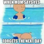 Caillou in the Pool | WHEN MOM SAYS YES; FORGETS THE NEXT DAY | image tagged in caillou in the pool | made w/ Imgflip meme maker