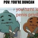 Total drama memes | POV: YOU'RE DUNCAN | image tagged in you have lost p nis privilege,total drama,meems,dank,lol,oh wow are you actually reading these tags | made w/ Imgflip meme maker
