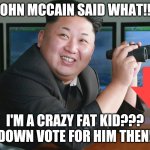 Kim Jong Un binouclars | JOHN MCCAIN SAID WHAT!!! I'M A CRAZY FAT KID???
DOWN VOTE FOR HIM THEN! | image tagged in kim jong un binouclars | made w/ Imgflip meme maker