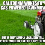 Isn't it better to remove to allow tall grass than ban gas powered lawnmowers? | CALIFORNIA WANTS TO BAN GAS POWERED LAWNMOWERS; BUT IF THEY SIMPLY LEGALIZED TALL GRASS, PEOPLE WOULDN'T NEED TO BUY THEM RIGHT? | image tagged in lawn mower,tall,california | made w/ Imgflip meme maker