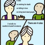 . . .I wished!!! | I wish to understand women | image tagged in genie rules meme,women,memes,funny | made w/ Imgflip meme maker