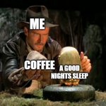 Indiana jones idol | ME; COFFEE; A GOOD NIGHTS SLEEP | image tagged in indiana jones idol | made w/ Imgflip meme maker