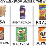 I present to you a list of choccy milk from Around the World | CHOCCY MILK FROM AROUND THE WORLD; USA; GREAT BRITAIN; BRAZIL; SWITZERLAND; AUSTRALIA; MALAYSIA | image tagged in memes,blank starter pack extended,yummy,choccy milk,oh wow are you actually reading these tags,front page plz | made w/ Imgflip meme maker