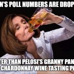 Biden's Poll Numbers | BIDEN'S POLL NUMBERS ARE DROPPING; FASTER THAN PELOSI'S GRANNY PANTIES
 AT A CHARDONNAY WINE TASTING PARTY, | image tagged in nancy pelosi drunk,biden,poll,numbers,dropping | made w/ Imgflip meme maker