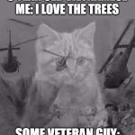 War flashbeck belike | 8 YEAR OLD VIETNAMESE ME: I LOVE THE TREES; SOME VETERAN GUY: | image tagged in cat war flashback | made w/ Imgflip meme maker