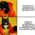 Listen to the cat | VACCUUM THE COUCH; SIT ON THE COUCH UNDER YOUR CAT | image tagged in drake meme black cat | made w/ Imgflip meme maker