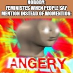 angry | NOBODY:
FEMINISTES WHEN PEOPLE SAY MENTION INSTEAD OF WOMENTION: | image tagged in angry meme man | made w/ Imgflip meme maker