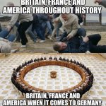 Men Discussing Men Fighting | BRITAIN, FRANCE AND AMERICA THROUGHOUT HISTORY; BRITAIN, FRANCE AND AMERICA WHEN IT COMES TO GERMANY | image tagged in men discussing men fighting,historical meme | made w/ Imgflip meme maker