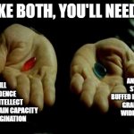 yes | TAKE BOTH, YOU'LL NEED IT; ANTI-CRINGE
STRONGER
BUFFED IMMUNE SYSTEM
GRAND WISDOM
WIDE CREATIVITY
FASTER
TALLER; CHILL 
CONFIDENCE 
SHARP INTELLECT 
MAXIMUM BRAIN CAPACITY
HUGE IMAGINATION | image tagged in matrix pills | made w/ Imgflip meme maker