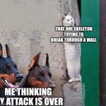 Clash of clans problems | THAT ONE SKELETON TRYING TO BREAK THROUGH A WALL ME THINKING MY ATTACK IS OVER | image tagged in hidden cat,clash of clans,skeleton | made w/ Imgflip meme maker