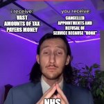 More money, less service | CANCELLED APPOINTMENTS AND REFUSAL OF SERVICE BECAUSE "RONA"; VAST AMOUNTS OF TAX PAYERS MONEY; NHS | image tagged in trade offer,nhs,more money less service | made w/ Imgflip meme maker