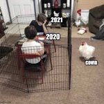 Covide meme hehe | 2021; 2020; COVID | image tagged in chicken caging kids | made w/ Imgflip meme maker