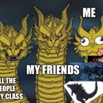 I am the odd one out | ME; MY FRIENDS; ALL THE PEOPLE IN MY CLASS | image tagged in three dragon heads,me | made w/ Imgflip meme maker