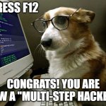 Hacking | PRESS F12 CONGRATS! YOU ARE NOW A "MULTI-STEP HACKER!" | image tagged in corgi hacker | made w/ Imgflip meme maker