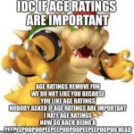 Use this template when You see someone liking age ratings or Saying to leave this website until you are 13 | image tagged in idc if age ratings are important,age ratings,bowser | made w/ Imgflip meme maker