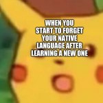 "Ay, Dios, what's it called? Flamenco? n-no, uhhh.. fl-la... mango?" | WHEN YOU START TO FORGET YOUR NATIVE LANGUAGE AFTER LEARNING A NEW ONE | image tagged in shocked pikachu,spanish | made w/ Imgflip meme maker